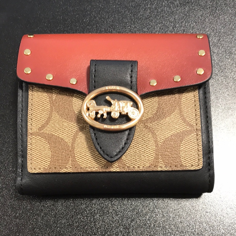 Coach Georgie Tri-Color Signature Canvas Small Wallet - Red, Black, Tan